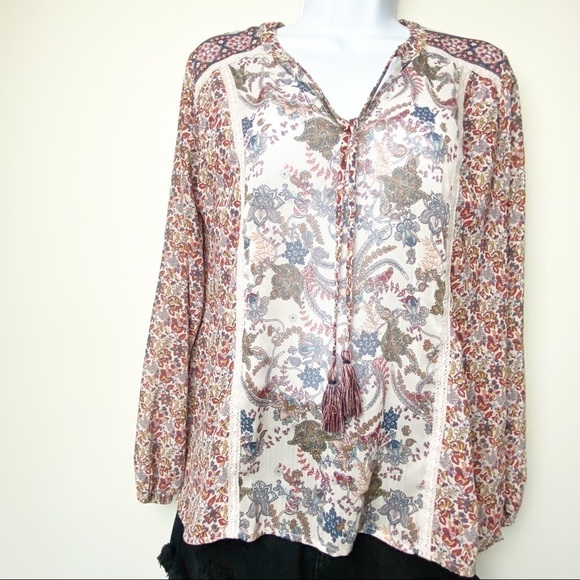 KNOX ROSE Long Sleeve Tassel Top, Boho, Festival, Hippy - Picture 2 of 10